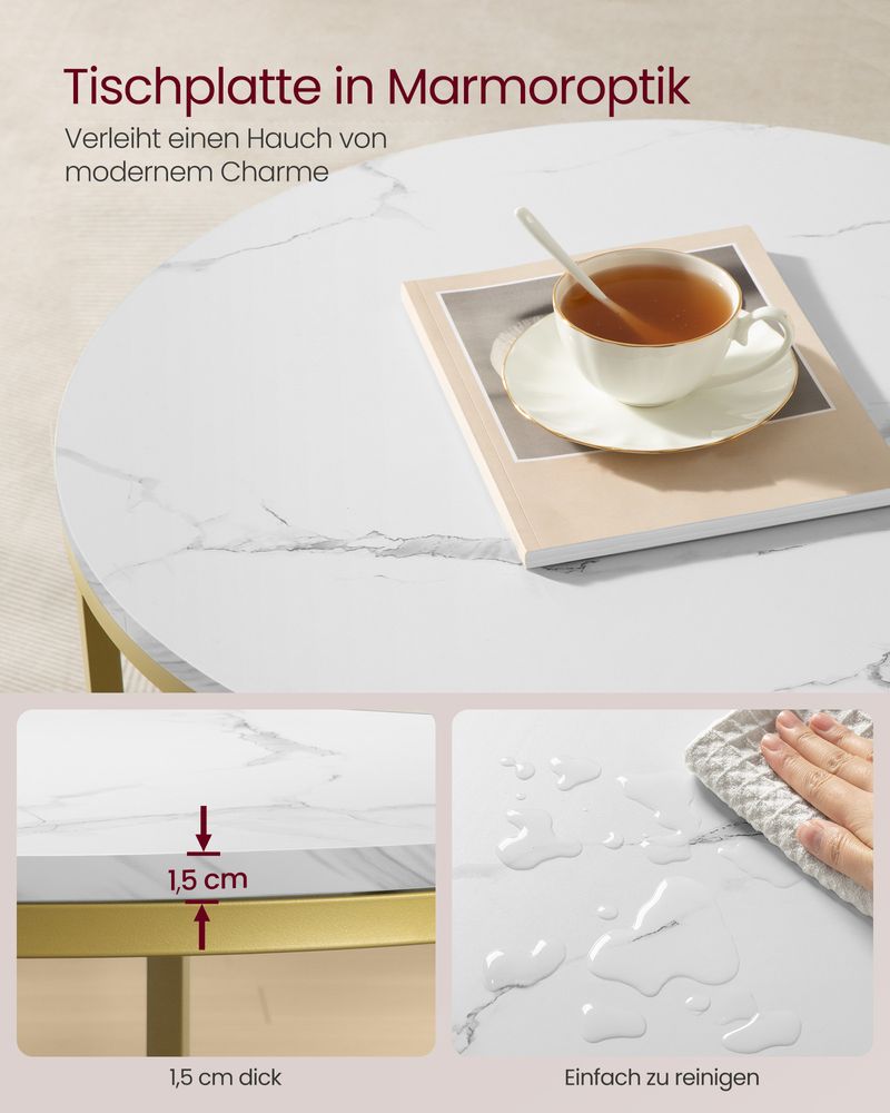 "Modern white marble-look coffee table with a round tabletop, bright tempered glass shelf underneath, and gold-colored steel legs for an elegant, sturdy design."

