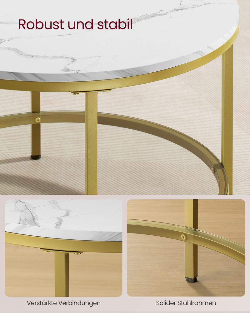 "Modern white marble-look coffee table with a round tabletop, bright tempered glass shelf underneath, and gold-colored steel legs for an elegant, sturdy design."

