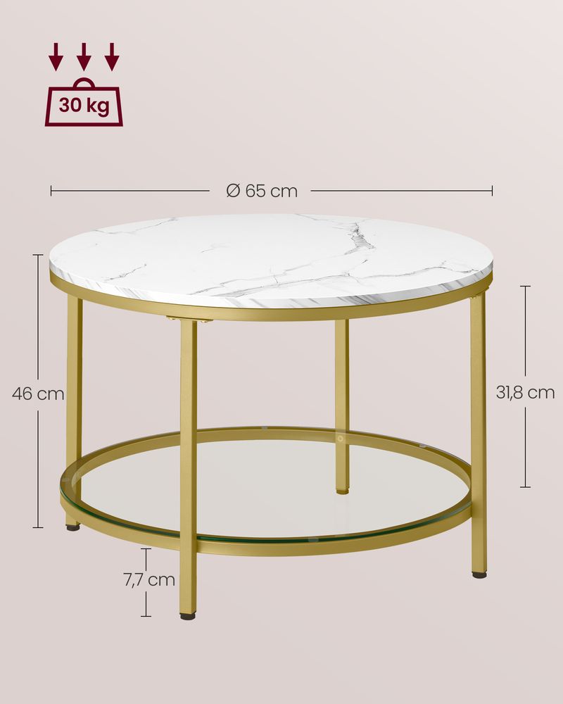 "Modern white marble-look coffee table with a round tabletop, bright tempered glass shelf underneath, and gold-colored steel legs for an elegant, sturdy design."

