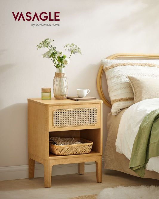 Modern Boho Chic Bedside Table with Rattan Look Drawer