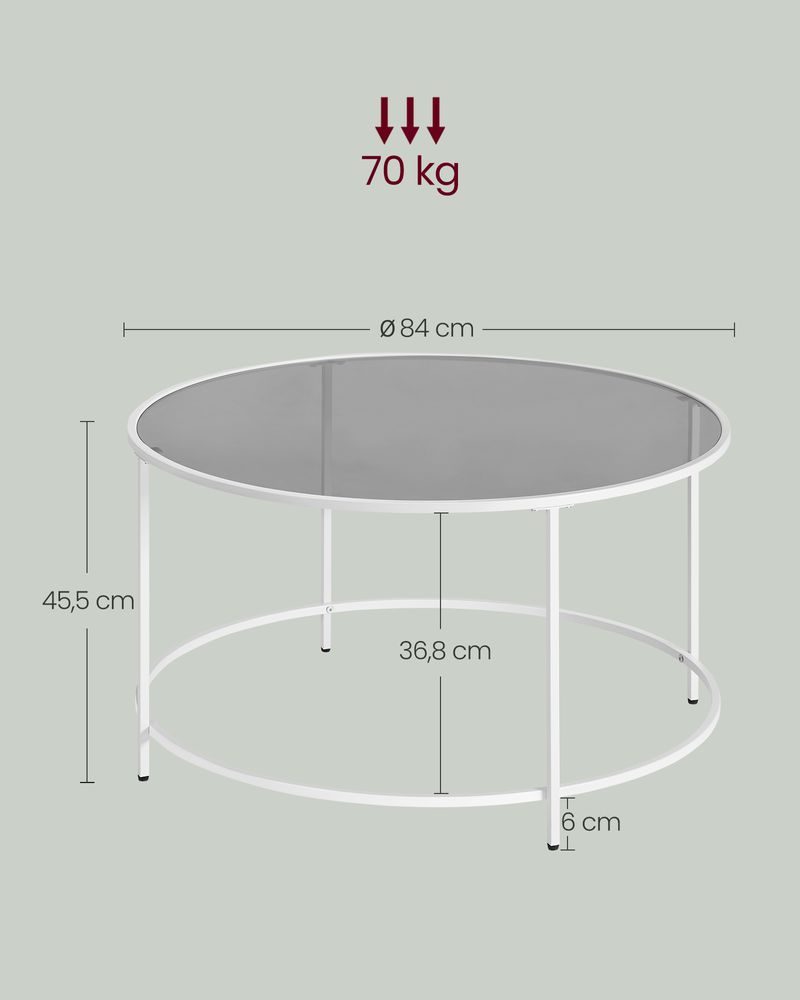 VASAGLE Modern Glass Coffee Table with a sleek pearl white frame, durable tempered glass top, and minimalist round design, offering stability, elegance, and functionality for any modern living room.







