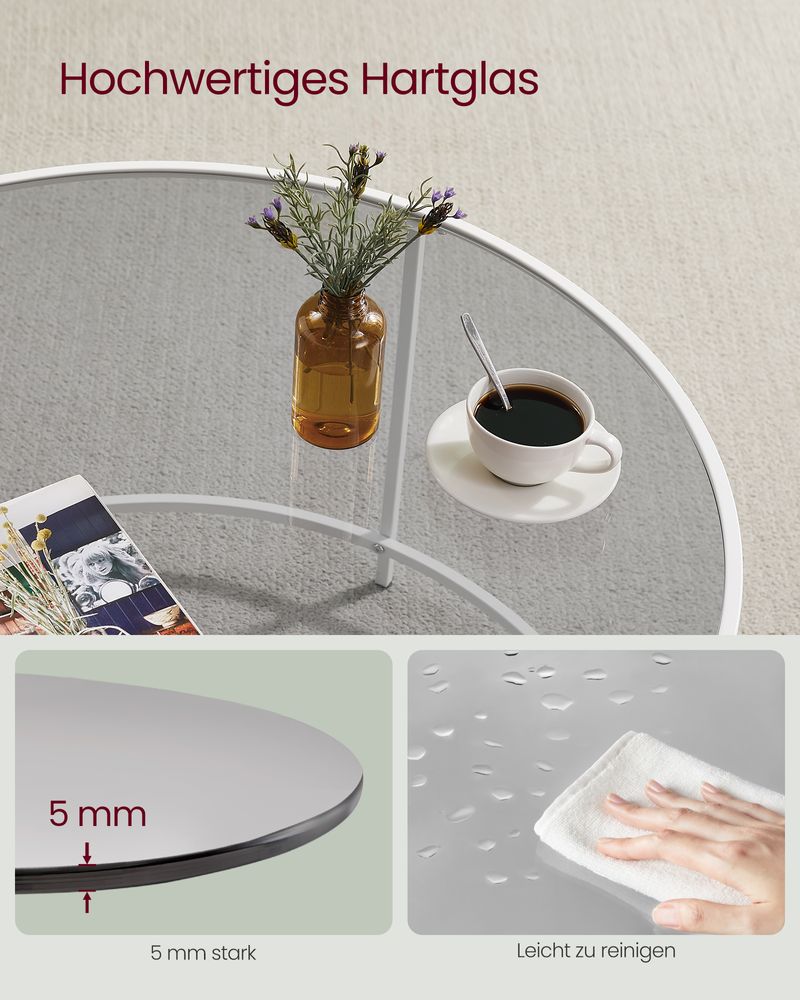 VASAGLE Modern Glass Coffee Table with a sleek pearl white frame, durable tempered glass top, and minimalist round design, offering stability, elegance, and functionality for any modern living room.







