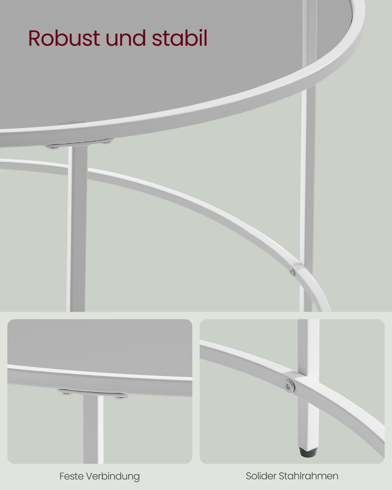 VASAGLE Modern Glass Coffee Table with a sleek pearl white frame, durable tempered glass top, and minimalist round design, offering stability, elegance, and functionality for any modern living room.







