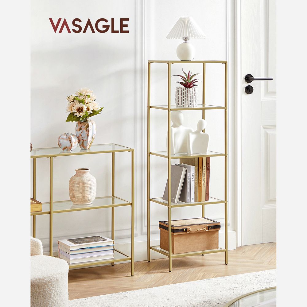 Elegant gold and glass standing shelf with a sturdy steel frame, tempered glass shelves, and versatile storage for any room.

