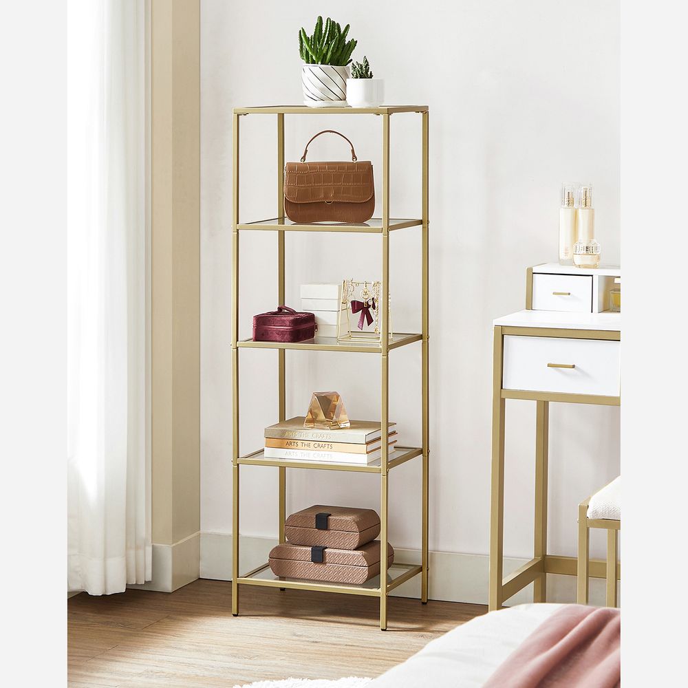 Elegant gold and glass standing shelf with a sturdy steel frame, tempered glass shelves, and versatile storage for any room.

