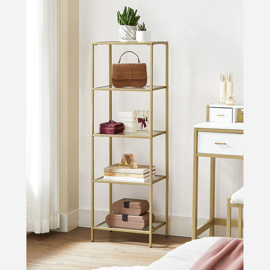 Elegant gold and glass standing shelf with a sturdy steel frame, tempered glass shelves, and versatile storage for any room.

