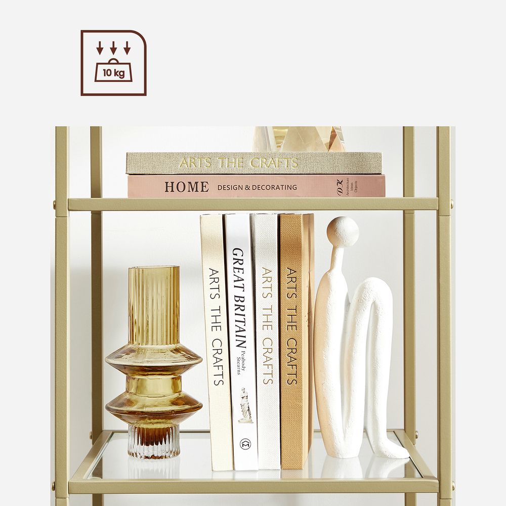Elegant gold and glass standing shelf with a sturdy steel frame, tempered glass shelves, and versatile storage for any room.

