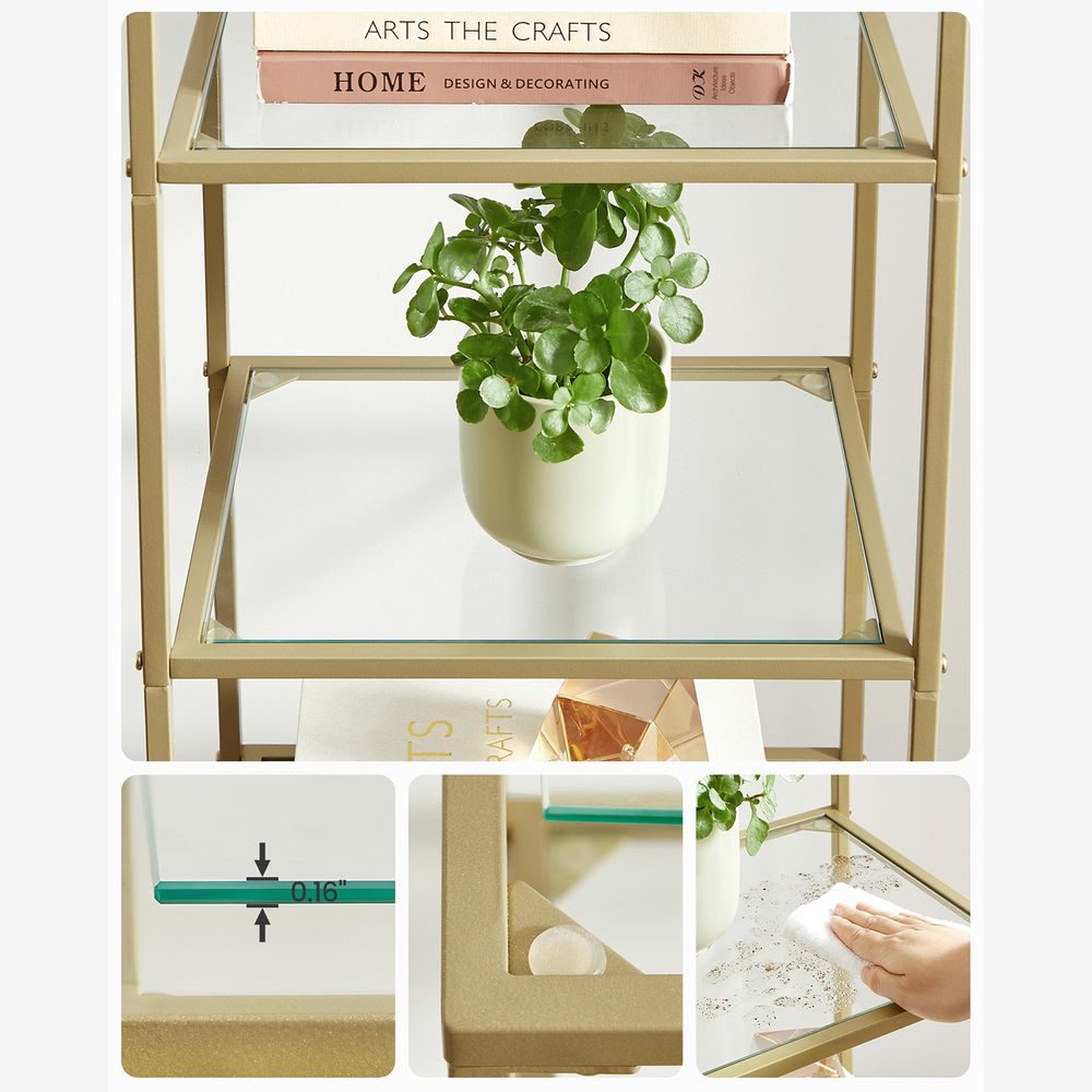 Elegant gold and glass standing shelf with a sturdy steel frame, tempered glass shelves, and versatile storage for any room.

