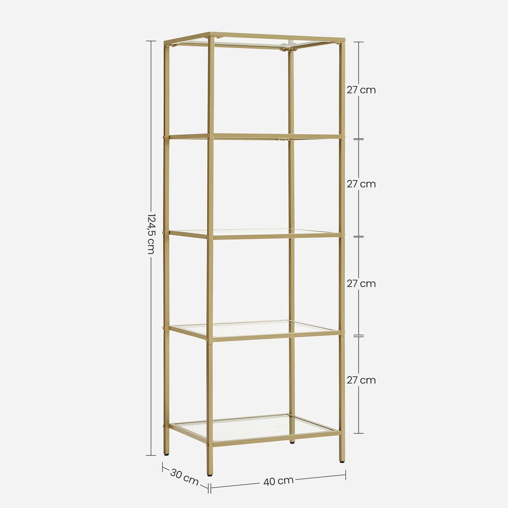 Elegant gold and glass standing shelf with a sturdy steel frame, tempered glass shelves, and versatile storage for any room.


