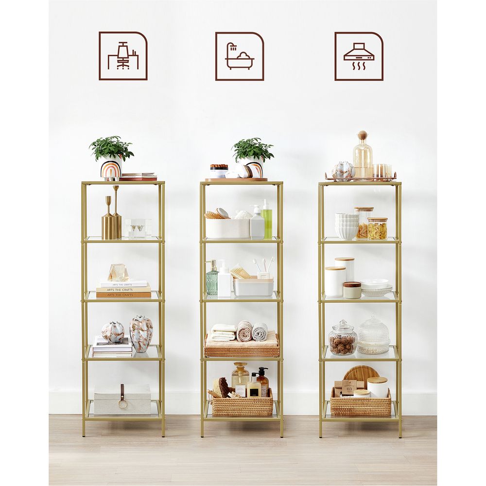 Elegant gold and glass standing shelf with a sturdy steel frame, tempered glass shelves, and versatile storage for any room.

