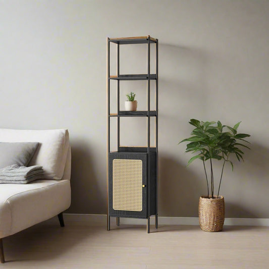 Boho chic standing shelf with rattan-like door, ideal for modern and bohemian decor, offering ample vertical storage with adjustable shelf and stable design. Easy assembly.