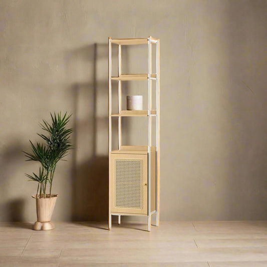oak beige-pearl white Boho Chic Standing Shelf with Rattan Door