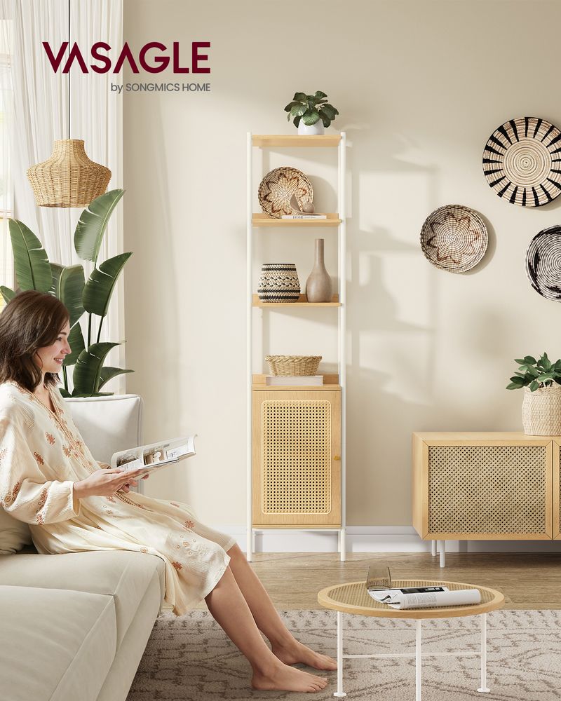 Boho chic standing shelf with rattan-like door, ideal for modern and bohemian decor, offering ample vertical storage with adjustable shelf and stable design. Easy assembly.