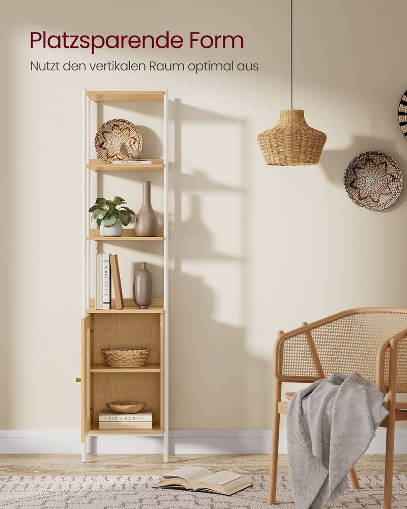 Boho chic standing shelf with rattan-like door, ideal for modern and bohemian decor, offering ample vertical storage with adjustable shelf and stable design. Easy assembly.