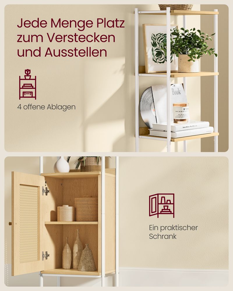 Boho chic standing shelf with rattan-like door, ideal for modern and bohemian decor, offering ample vertical storage with adjustable shelf and stable design. Easy assembly.