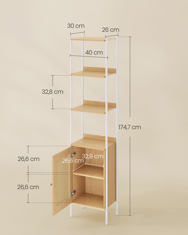Boho chic standing shelf with rattan-like door, ideal for modern and bohemian decor, offering ample vertical storage with adjustable shelf and stable design. Easy assembly.