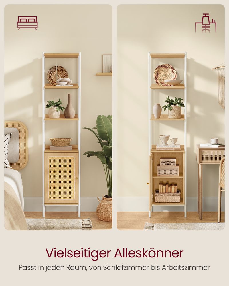 Boho chic standing shelf with rattan-like door, ideal for modern and bohemian decor, offering ample vertical storage with adjustable shelf and stable design. Easy assembly.