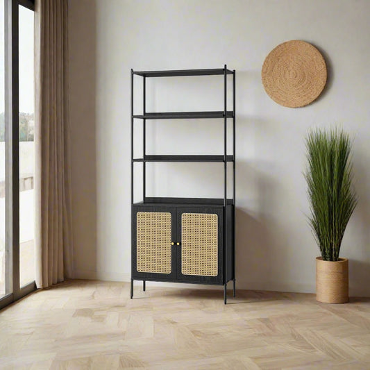 Elegant black boho shelf with a rattan-like door, featuring open shelves and a cabinet, perfect for modern spaces and versatile storage solutions in living rooms, home offices, and bedrooms.
