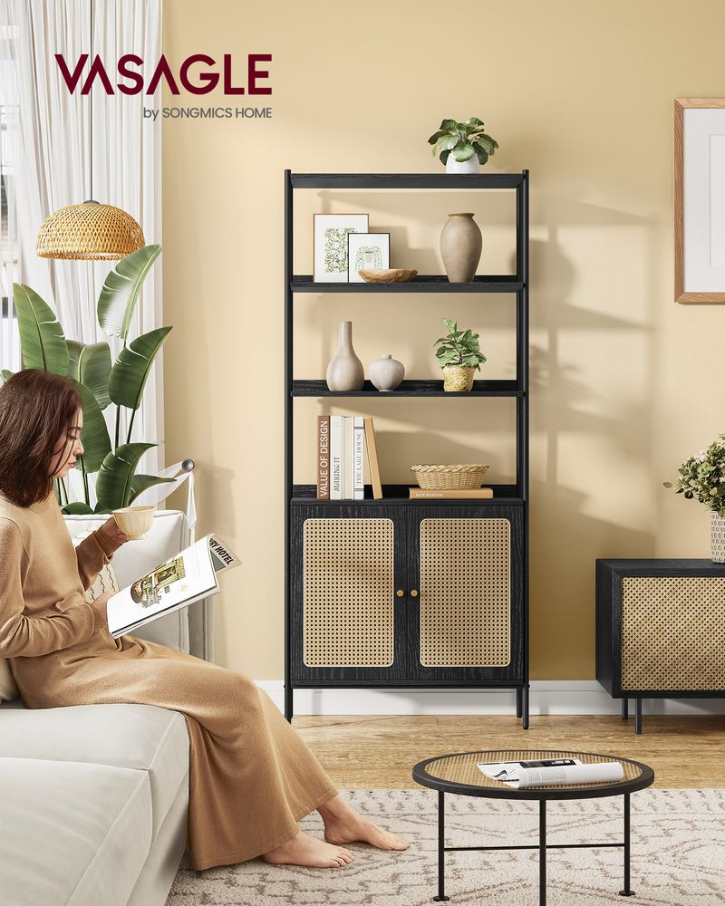 Elegant black boho shelf with a rattan-like door, featuring open shelves and a cabinet, perfect for modern spaces and versatile storage solutions in living rooms, home offices, and bedrooms.