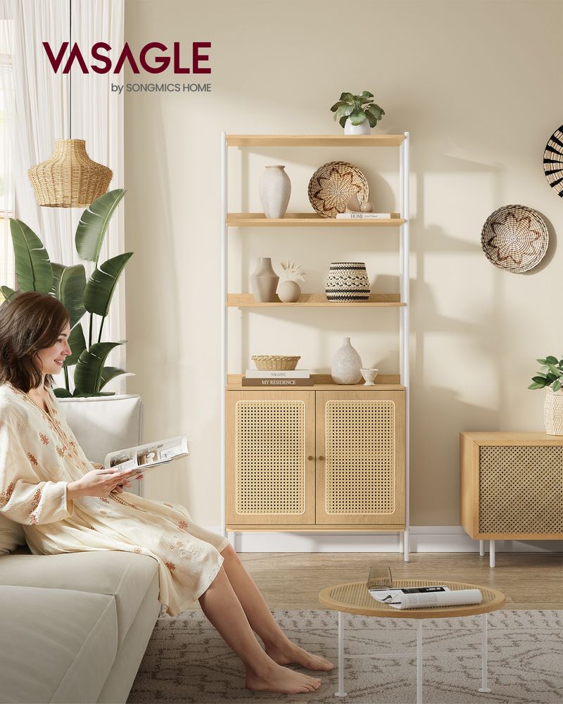 Boho Charm Rattan Shelf - Oak Beige-Pearl White