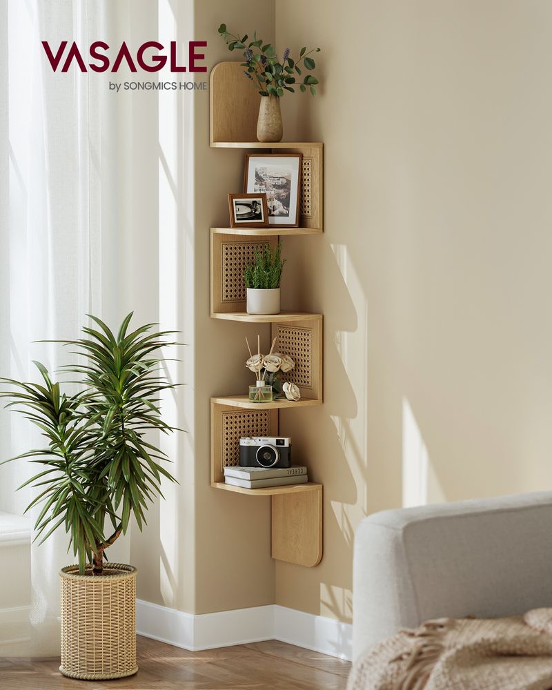 Boho Chic Corner Wall Shelf with PVC Rattan Panels in Oak Beige, showcasing a unique zigzag design and earthy tones, ideal for books, plants, and decor in any room.
