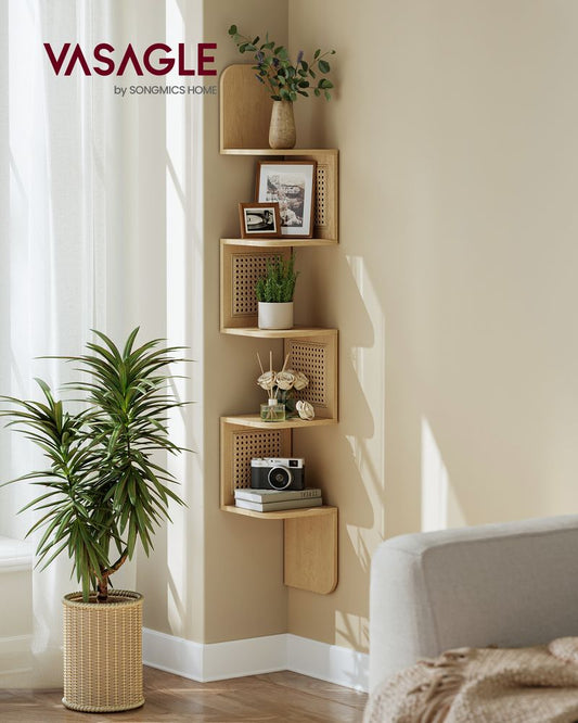 Boho Chic Corner Wall Shelf with PVC Rattan Panels in Oak Beige, showcasing a unique zigzag design and earthy tones, ideal for books, plants, and decor in any room.