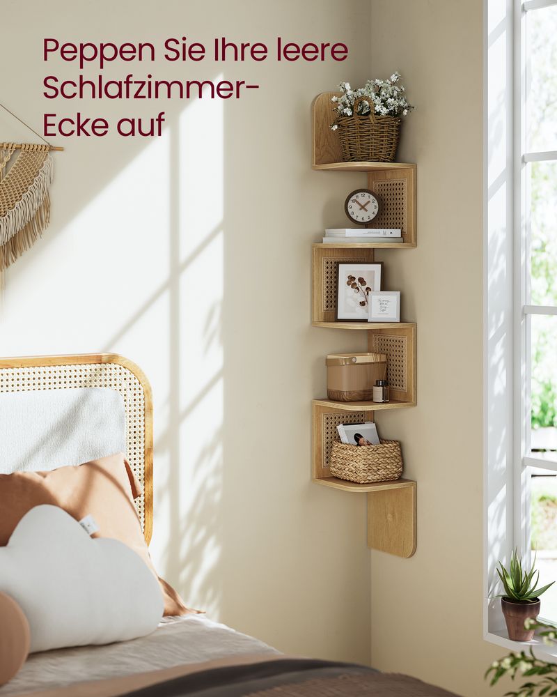 Boho Chic Corner Wall Shelf with PVC Rattan Panels in Oak Beige, showcasing a unique zigzag design and earthy tones, ideal for books, plants, and decor in any room.