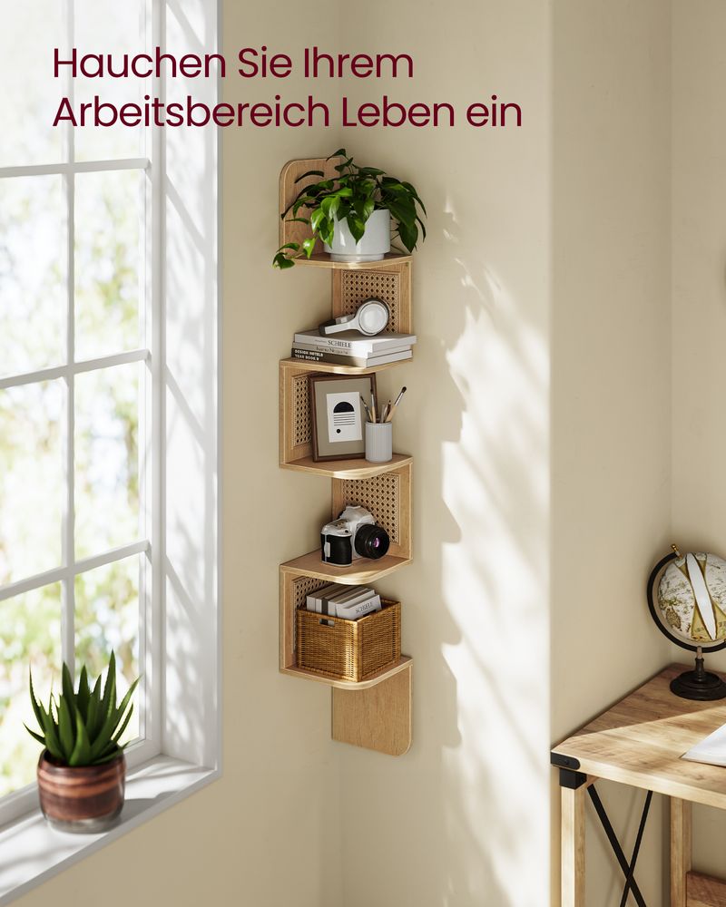 Boho Chic Corner Wall Shelf with PVC Rattan Panels in Oak Beige, showcasing a unique zigzag design and earthy tones, ideal for books, plants, and decor in any room.
