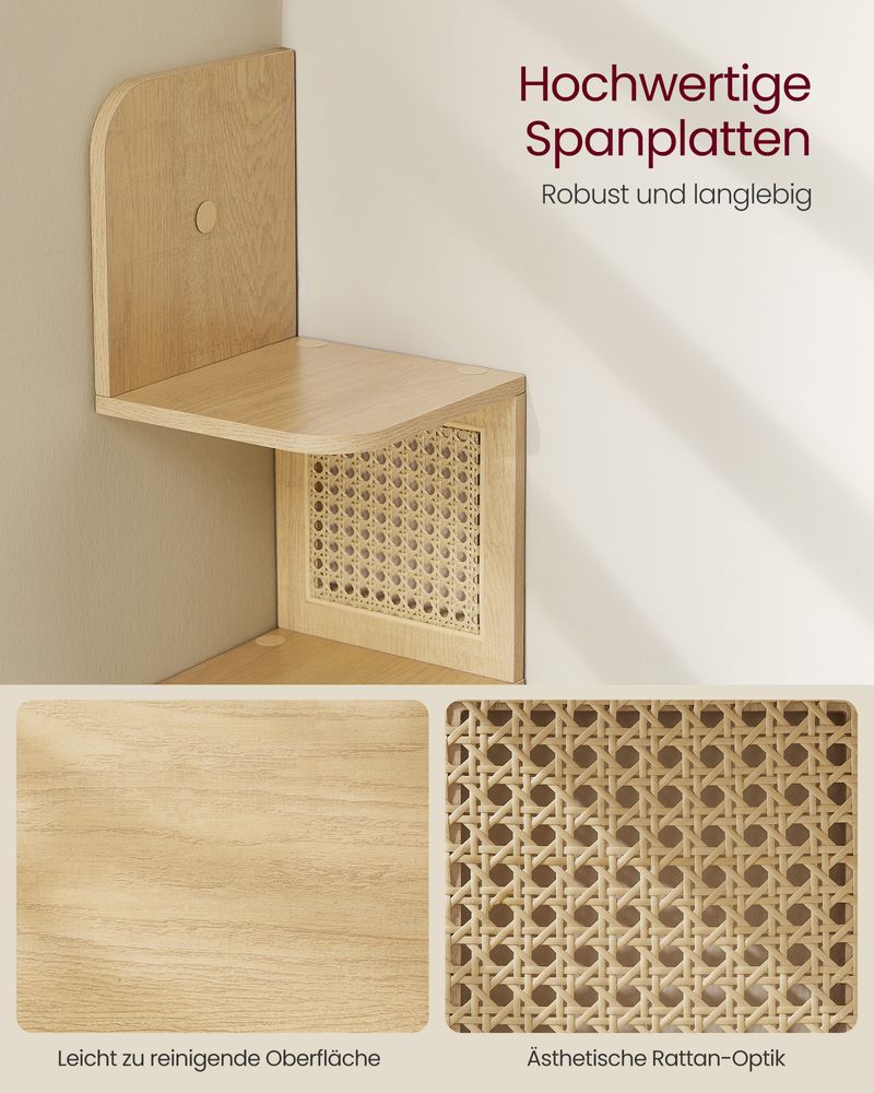 Boho Chic Corner Wall Shelf with PVC Rattan Panels in Oak Beige, showcasing a unique zigzag design and earthy tones, ideal for books, plants, and decor in any room.