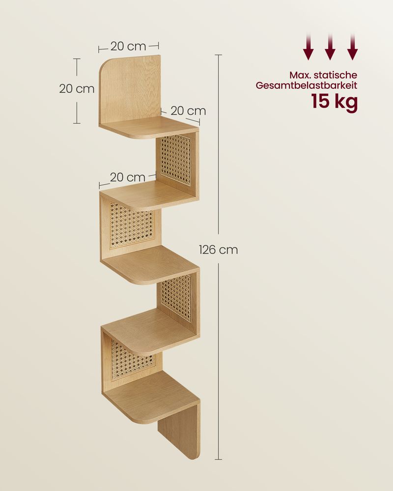 Boho Chic Corner Wall Shelf with PVC Rattan Panels in Oak Beige, showcasing a unique zigzag design and earthy tones, ideal for books, plants, and decor in any room.