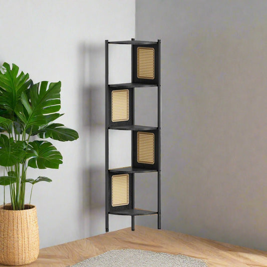 Natural rattan look corner shelf with straight steel tubes, featuring 5 spacious tiers for books, plants, and decorative elements. Perfect for saving space in any room.