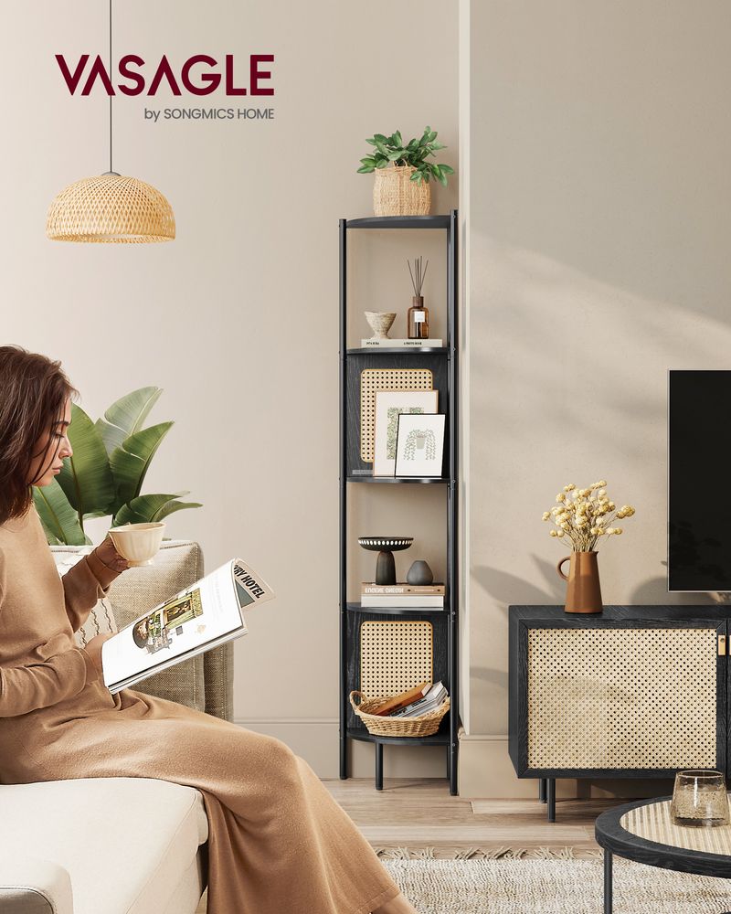 Natural rattan look corner shelf with straight steel tubes, featuring 5 spacious tiers for books, plants, and decorative elements. Perfect for saving space in any room.