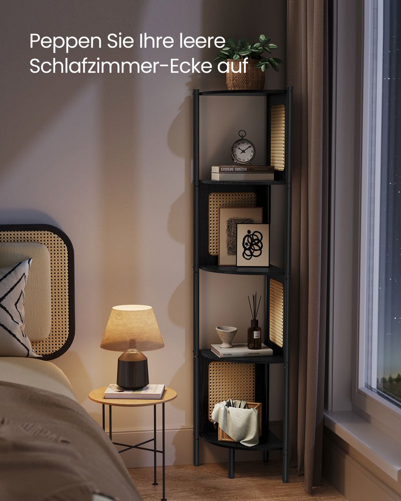 Natural rattan look corner shelf with straight steel tubes, featuring 5 spacious tiers for books, plants, and decorative elements. Perfect for saving space in any room.