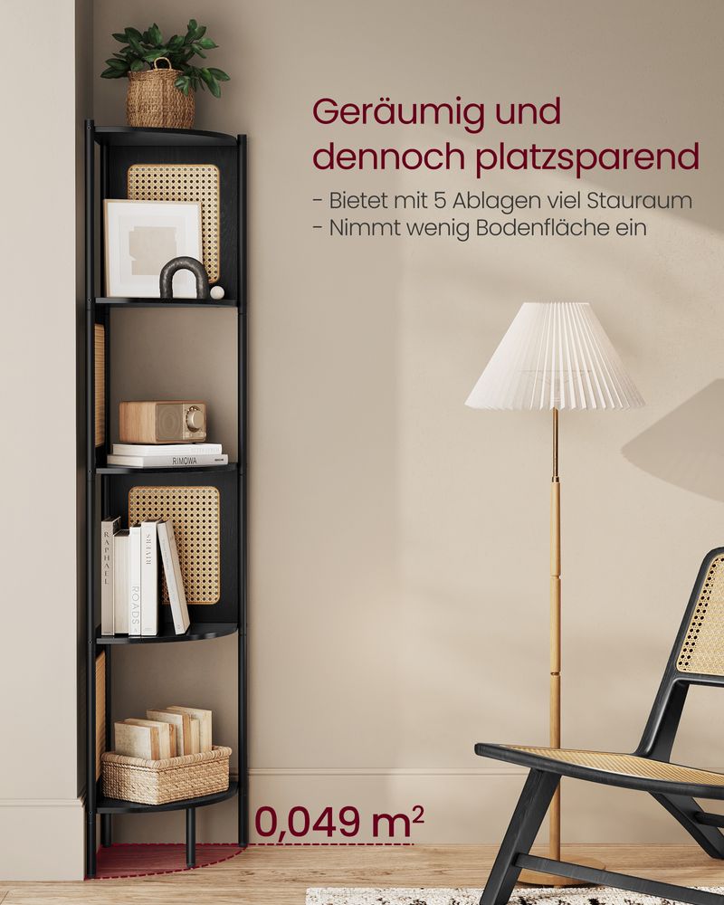 Natural rattan look corner shelf with straight steel tubes, featuring 5 spacious tiers for books, plants, and decorative elements. Perfect for saving space in any room.