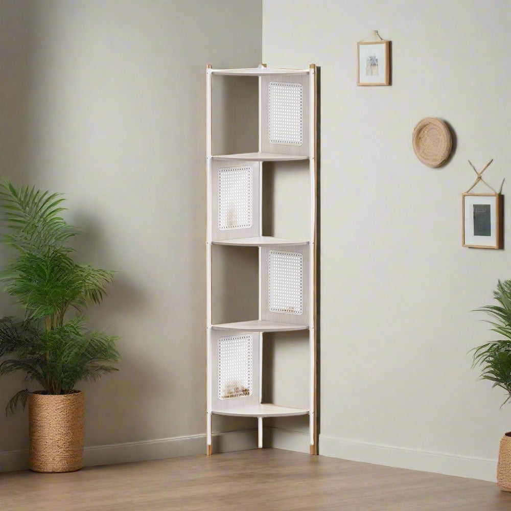 Natural rattan look corner shelf with straight steel tubes, featuring 5 spacious tiers for books, plants, and decorative elements. Perfect for saving space in any room.