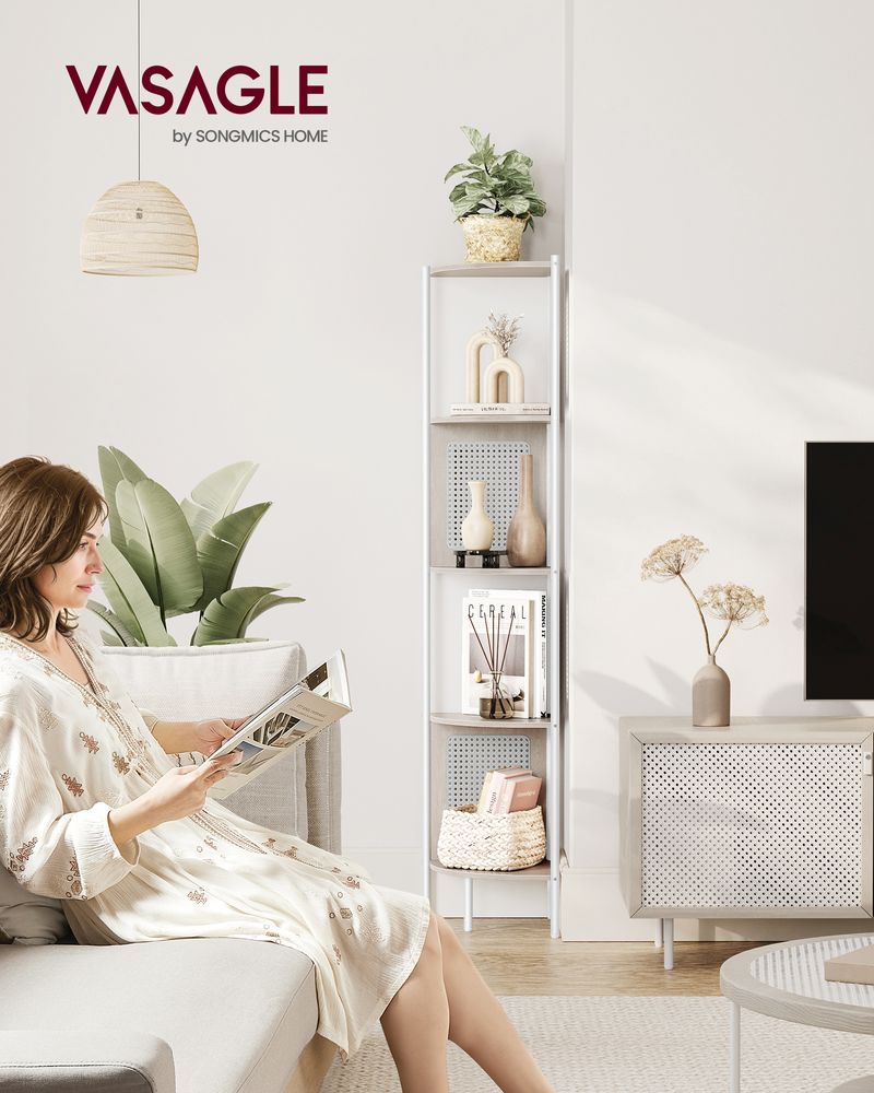 Natural rattan look corner shelf with straight steel tubes, featuring 5 spacious tiers for books, plants, and decorative elements. Perfect for saving space in any room.