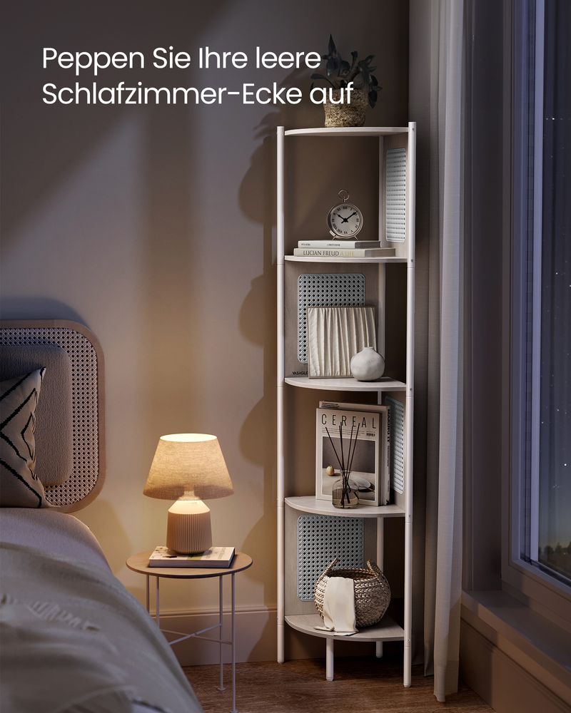 Natural rattan look corner shelf with straight steel tubes, featuring 5 spacious tiers for books, plants, and decorative elements. Perfect for saving space in any room.