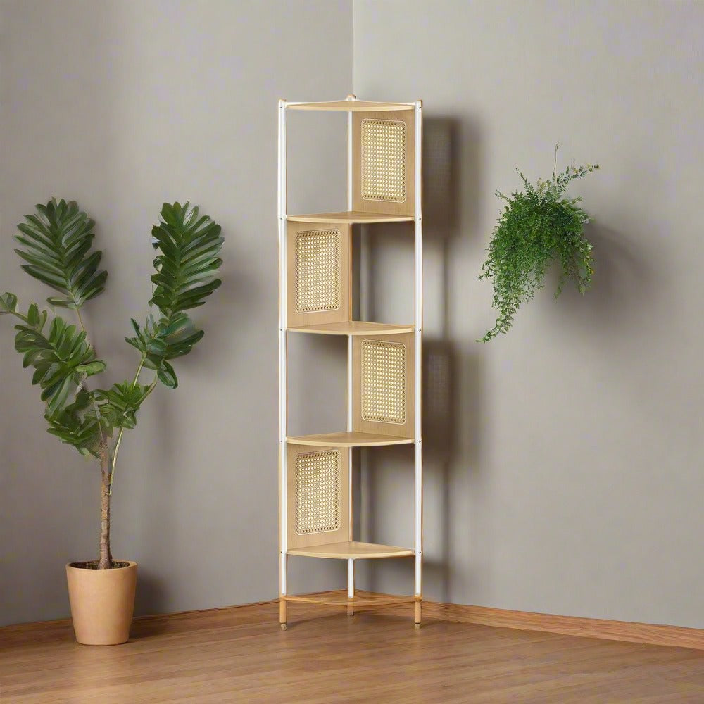 Natural rattan look corner shelf with straight steel tubes, featuring 5 spacious tiers for books, plants, and decorative elements. Perfect for saving space in any room.