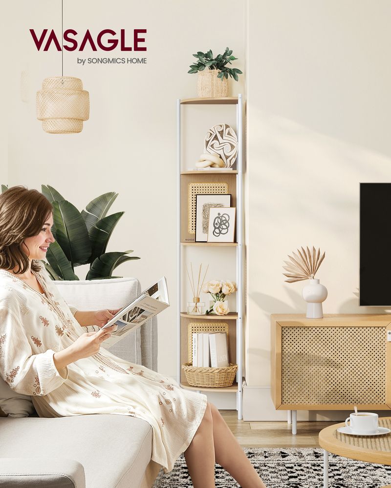 Natural rattan look corner shelf with straight steel tubes, featuring 5 spacious tiers for books, plants, and decorative elements. Perfect for saving space in any room.