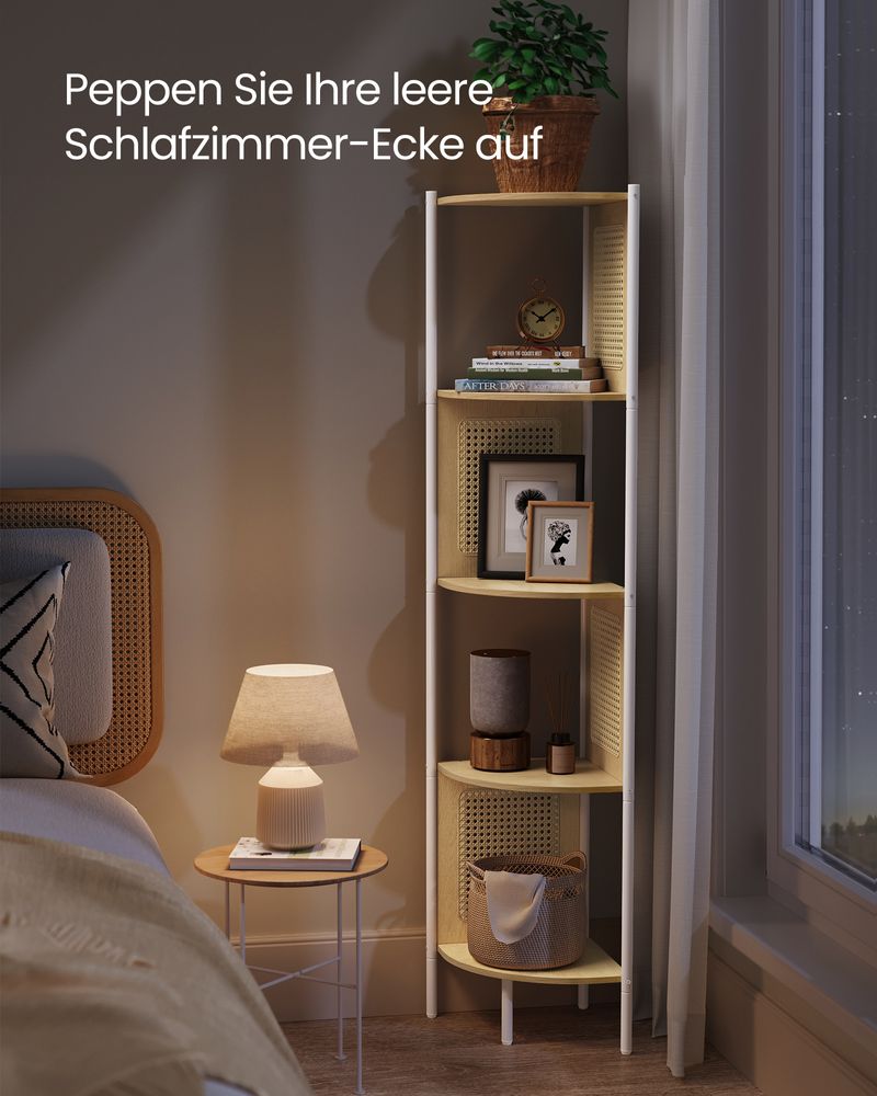 Natural rattan look corner shelf with straight steel tubes, featuring 5 spacious tiers for books, plants, and decorative elements. Perfect for saving space in any room.