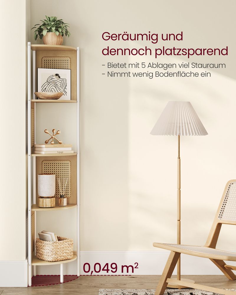 Natural rattan look corner shelf with straight steel tubes, featuring 5 spacious tiers for books, plants, and decorative elements. Perfect for saving space in any room.