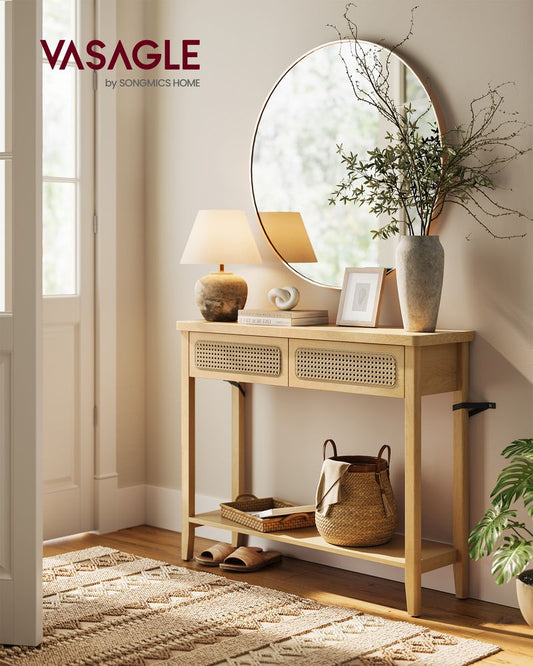 Boho Chic Hall Console Table in Oak Beige with PVC Rattan Drawers, featuring a sturdy MDF structure, ample storage space, and a versatile design for any room.