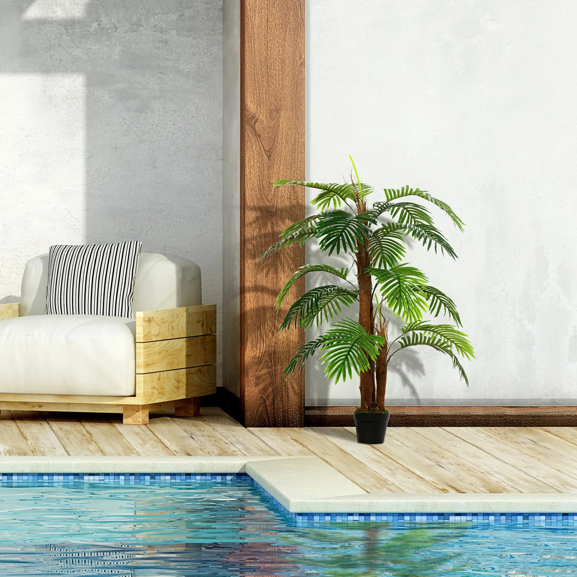 120 cm artificial palm tree with 19 realistic green leaves and a sturdy pot, ideal for bringing a tropical feel to indoor or outdoor spaces. No watering or pruning needed.

