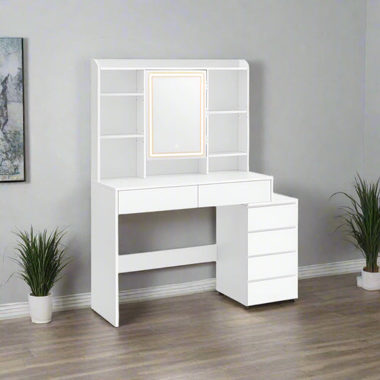 "Modern white dressing table with adjustable LED lighting, multiple storage compartments, and a sleek design – perfect for makeup and organization."

