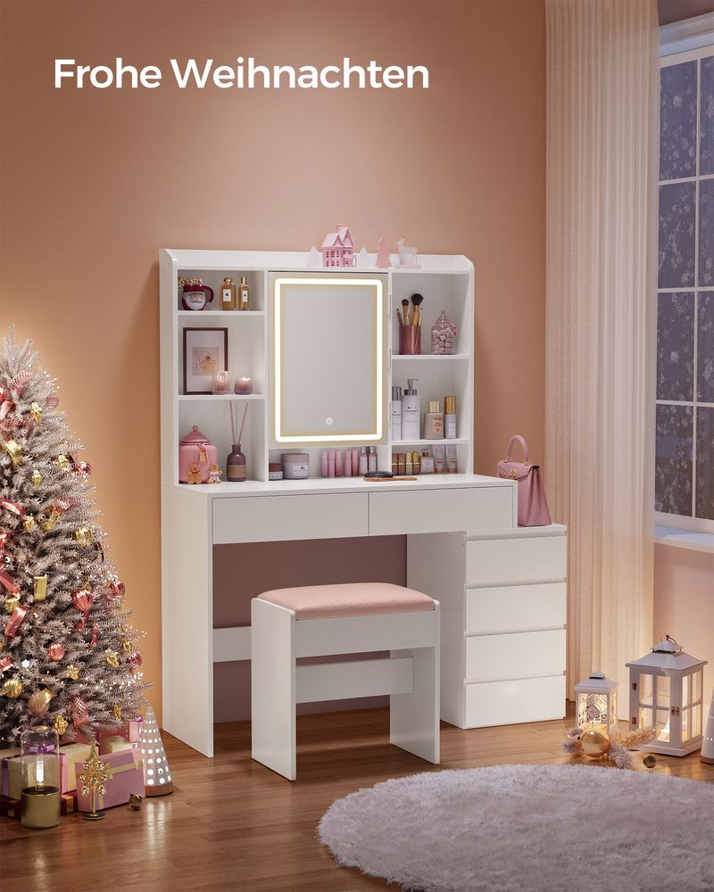 "Modern white dressing table with adjustable LED lighting, multiple storage compartments, and a sleek design – perfect for makeup and organization."

