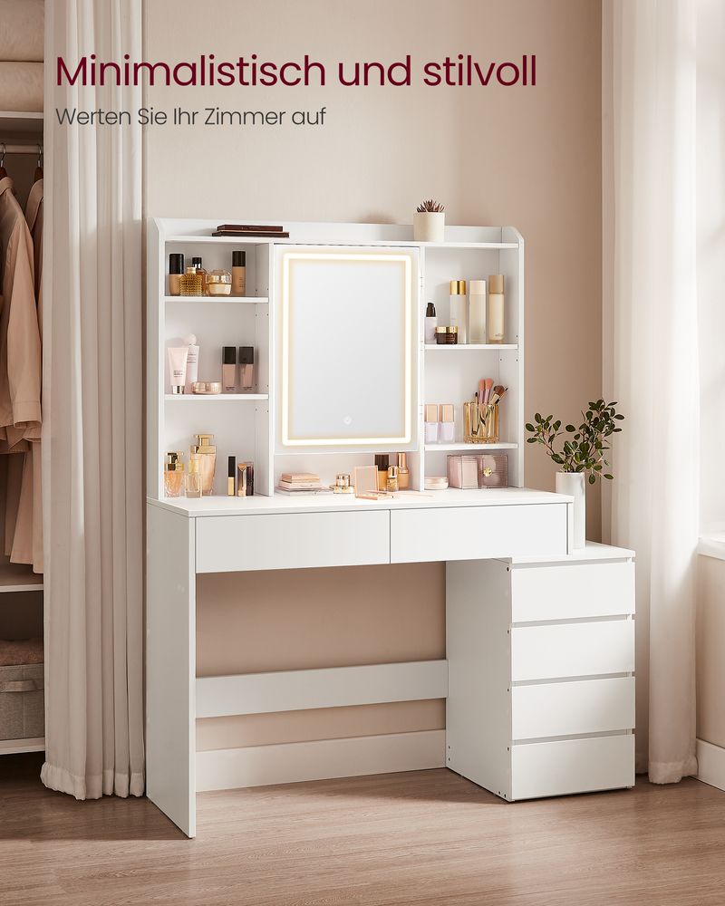 "Modern white dressing table with adjustable LED lighting, multiple storage compartments, and a sleek design – perfect for makeup and organization."

