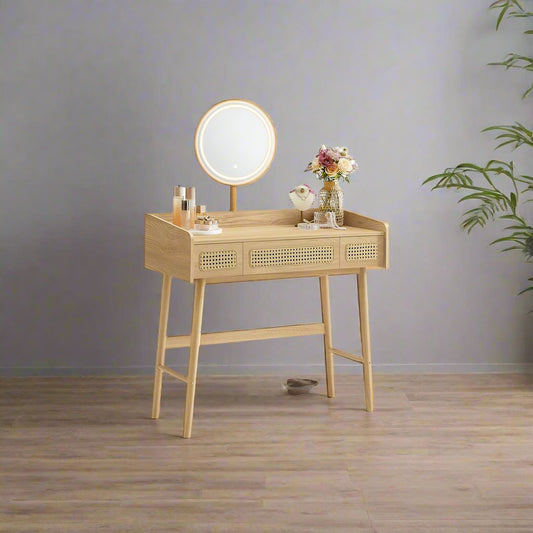 "Boho dressing table with adjustable lighted mirror, solid wood legs, and natural oak beige finish – perfect for makeup and storage."

