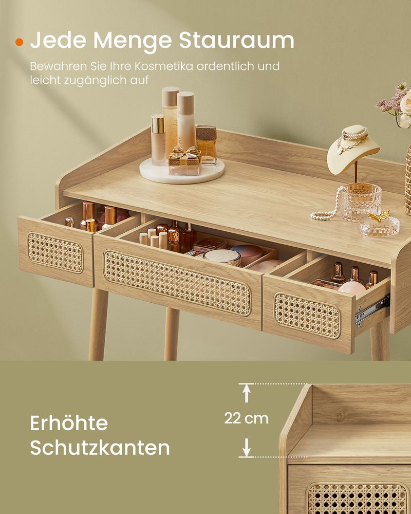 "Boho dressing table with adjustable lighted mirror, solid wood legs, and natural oak beige finish – perfect for makeup and storage."

