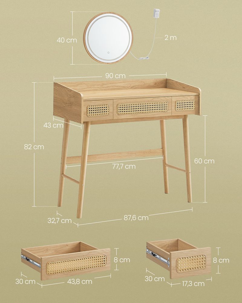 "Boho dressing table with adjustable lighted mirror, solid wood legs, and natural oak beige finish – perfect for makeup and storage."

