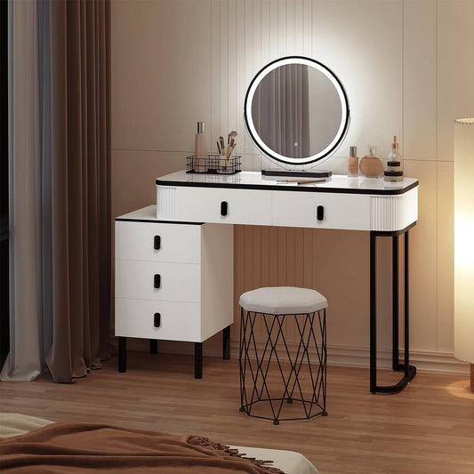 "Modern black and white dressing table with 360° dimmable LED mirror, high-gloss tabletop, large storage drawers, and a velvet-padded stool – Egyptian Queen Store."

